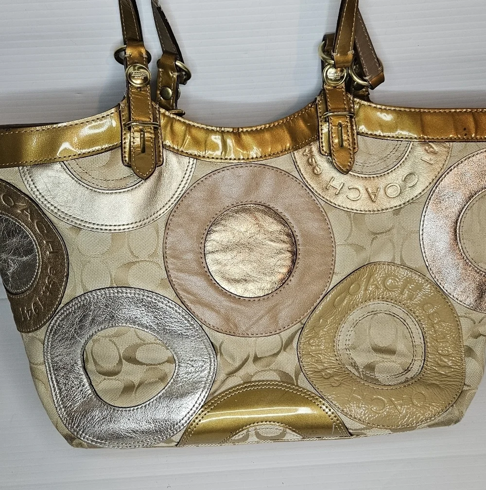 Coach Carly F16180 Vintage Tote – Y2K Metallic Patchwork Logo Canvas Purse, Gold
